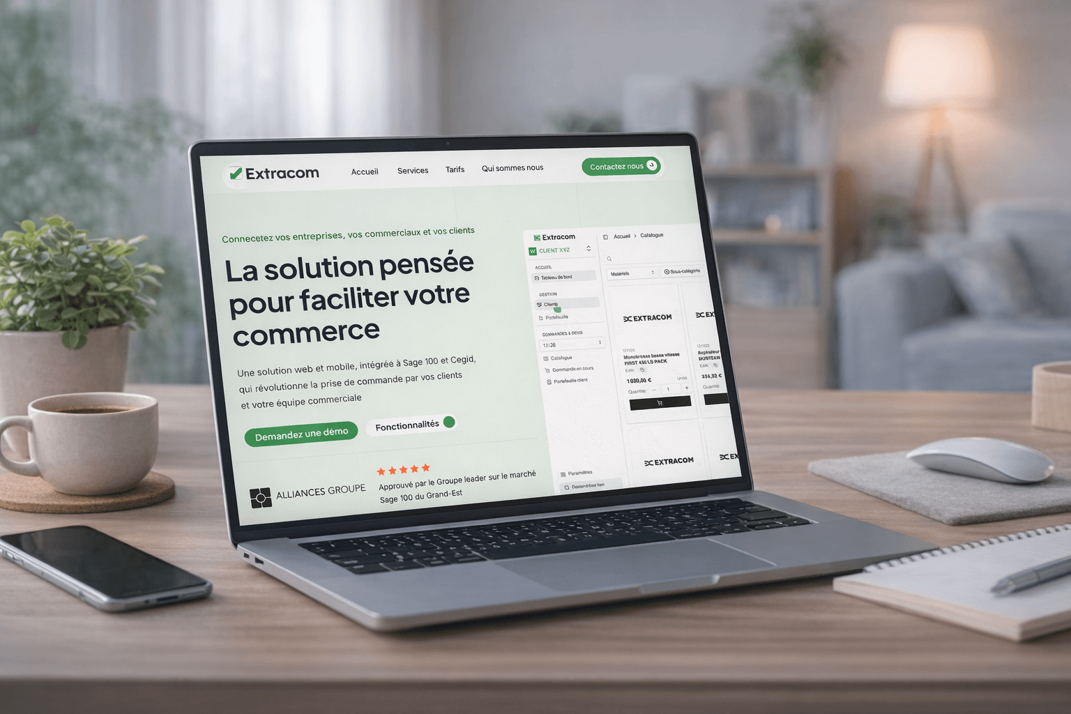 Projet Extracom — Plateforme SaaS de vente B2B — Extracom est une plateforme SaaS complète (web + mobile) développée par Les Entrecodeurs pour digitaliser l'intégralité du processus commercial des entreprises sous Sage 100 et Cegid. De la prise de commande terrain à la facturation, en passant par l'espace client en ligne, Extracom supprime la double saisie et connecte les équipes commerciales à leur ERP en temps réel. Déployée sur iOS, Android et tablette, la solution accompagne les commerciaux sur le terrain comme au bureau.
